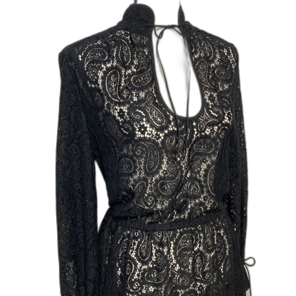 H&M Mock Neck Lace Dress Oversized Tie Neck Tie Waist Tie Cuff Rom Com Dress - Picture 1 of 10